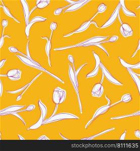 Tulip flowers seamless pattern background. Tulips illustration. Good for prints, wrapping paper, textile, fabric and packaging. Beautiful print with hand-drawn flowers.