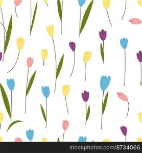 Tulip flowers seamless pattern. Wild garden flowers, tulips with leaves print. Spring summer romantic design, cute doodle nature vector elements. Illustration of pattern floral garden. Tulip flowers seamless pattern. Wild garden flowers, tulips with leaves print. Spring summer romantic design, cute doodle nature vector elements