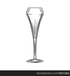 Tulip glass. Sparkling wine glass. Hand drawn empty champagne glass sketch. Engraving style. Vector illustration isolated on white background.. Tulip glass. Sparkling wine glass. Hand drawn empty champagne glass sketch.