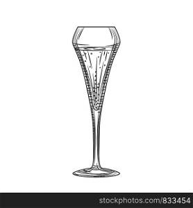 Tulip glass. Sparkling wine glass. Hand drawn full champagne glass sketch. Engraving style. Vector illustration isolated on white background.. Sparkling wine glass. Hand drawn full champagne glass sketch.