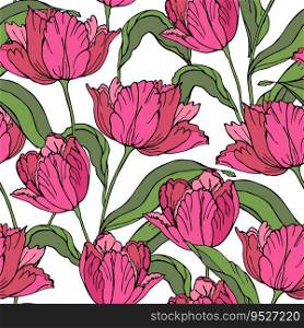 Tulip s flower seamless pattern for textile design. Spring floral vector background. Hand drawn tulips flower seamless pattern for textile design. Spring floral vector background