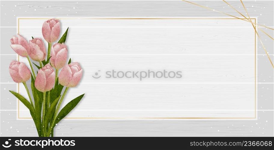 Tulip watercolour paint with golden frame on wooden panel background,Vector spring flower, illustration Pink Bouquet flora with on wood plank texture for Wedding Invitation,Mother day,Valentine day