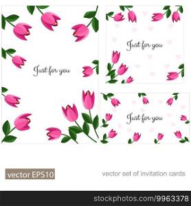 Tulips and hearts on a white background. Wedding invitation card set