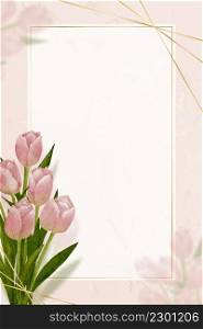 Tulips border on pink background,Beautiful Greeting card with Spring flower frame on watercolor paper, illustration digital watercolour hand paint pink flower frame for Mother day, Women day