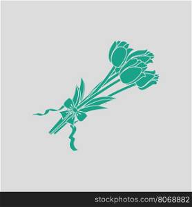 Tulips bouquet icon with tied bow. Gray background with green. Vector illustration.