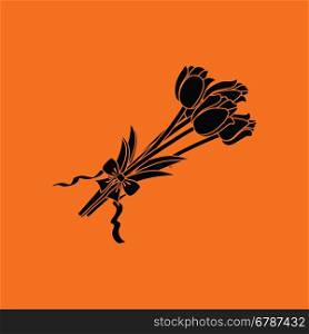 Tulips bouquet icon with tied bow. Orange background with black. Vector illustration.