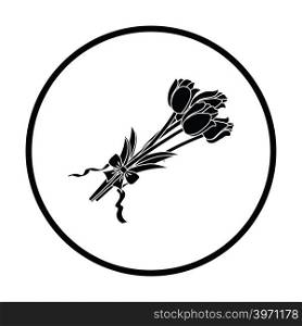 Tulips bouquet icon with tied bow. Thin circle design. Vector illustration.