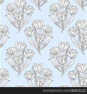 Tulips flower seamless pattern, spring background. Line art tulips flower, spring background. Seamless pattern for textile