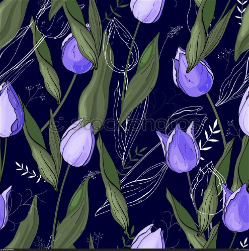 Tulips. Hand drawn style on background. Seamless vector texture. Floral pattern with different kind of flowers.