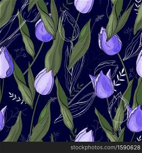 Tulips. Hand drawn style on background. Seamless vector texture. Floral pattern with different kind of flowers.