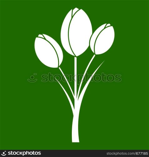 Tulips icon white isolated on green background. Vector illustration. Tulips icon green