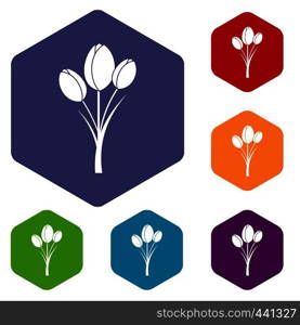 Tulips icons set hexagon isolated vector illustration. Tulips icons set hexagon