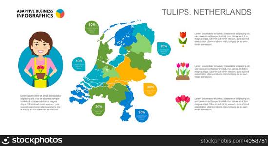 Tulips of Netherlands percentage chart. Business data. Product, diagram, design. Concept for infographic, templates, presentation. Can be used for topics like production, agriculture, marketing.