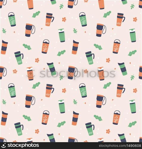Tumblers with cover, travel thermo mugs, reusable cups for hot coffee and tea. Hand drawn seamless pattern. Vector illustration in flat and cartoon style. Reusable cups, thermo mug and tumblers with cover for hot coffee and tea. Hand drawn seamless pattern. Vector illustration