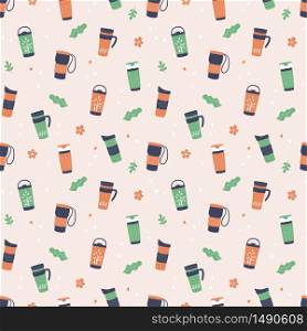 Tumblers with cover, travel thermo mugs, reusable cups for hot coffee and tea. Hand drawn seamless pattern. Vector illustration in flat and cartoon style. Reusable cups, thermo mug and tumblers with cover for hot coffee and tea. Hand drawn seamless pattern. Vector illustration