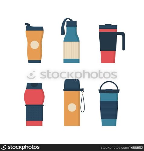 Tumblers with cover, travel thermo mugs, reusable cups for hot drinks. Different designs of thermos for take away coffee. Set of isolated vector illustrations in flat style on white background. Tumblers with cover, travel thermo mugs, reusable cups for hot drinks