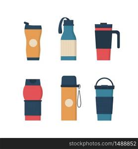 Tumblers with cover, travel thermo mugs, reusable cups for hot drinks. Different designs of thermos for take away coffee. Set of isolated vector illustrations in flat style on white background. Tumblers with cover, travel thermo mugs, reusable cups for hot drinks
