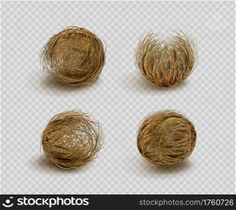 Tumbleweed, dry weed ball isolated on transparent background. Vector realistic set of western desert dead plants, rolling dry bushes, old tumble grass in prairie. Tumbleweed, dry weed ball in desert