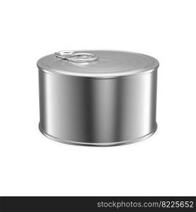 Tuna can blank. Canned food cylinder tin hyper realistic 3d vector illustration. Canned meat, cat food preserves, high angle package. Sardine fish can with pull ring, low profile detalied preserve. Tuna can blank. Canned food cylinder tin vector illustration