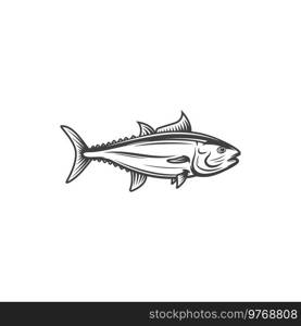 Tuna fish, fishing and food, ocean and marine fish vector icon. Tuna, bluefin skipjack or yellowfin bigeye fish symbol for fishery market catch or seafood menu. Tuna, ocean and marine fish, fishing and food