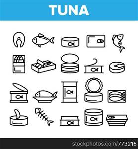Tuna, Fish Products Vector Linear Icons Set. Raw, Cooked And Canned Tuna Outline Symbols Pack. Fresh Uncooked And Prepared Seafood. Fish Steak, Sea Food Isolated Contour Illustrations. Tuna, Fish Products Vector Linear Icons Set
