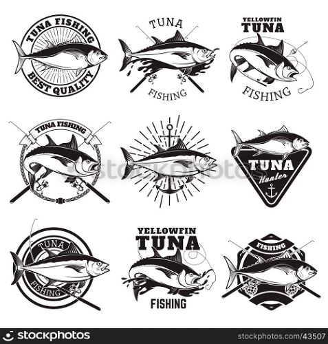 Tuna fishing labels isolated on white background. Design elements for logo, emblem, sign, badge. Vector illustration.