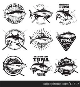 Tuna fishing labels isolated on white background. Design elements for logo, emblem, sign, badge. Vector illustration.