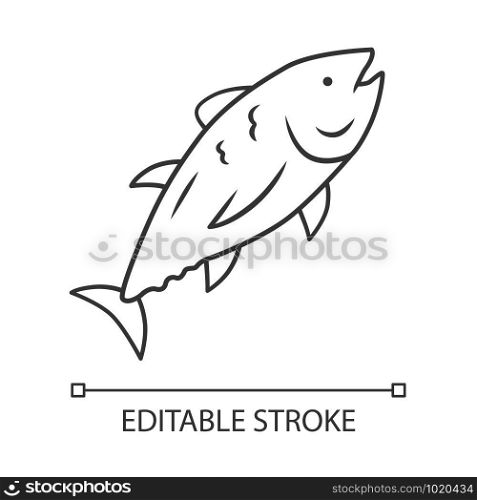 Tuna linear icon. Swimming marine fish. Underwater inhabitant. Mackerel fishing. Seafood restaurant. Thin line illustration. Contour symbol. Vector isolated outline drawing. Editable stroke