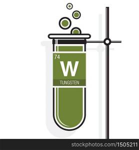 Tungsten symbol on label in a green test tube with holder. Element number 74 of the Periodic Table of the Elements - Chemistry