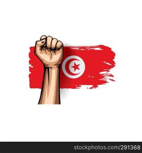 Tunisia flag and hand on white background. Vector illustration.. Tunisia flag and hand on white background. Vector illustration