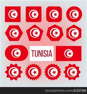 Tunisia Various Shapes Vector National Flags Set. Republic Of Tunisia Official Emblems Icons Collection. Circle, Square, Rectangle Ensign Pack. North Africa Country Symbols Flat Illustration. Tunisia Various Shapes Vector National Flags Set