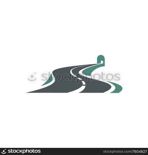 Tunnel at the end of speedway isolated roadway construction. Vector transportation company logo. Speedway with tunnel at end empty highway isolated