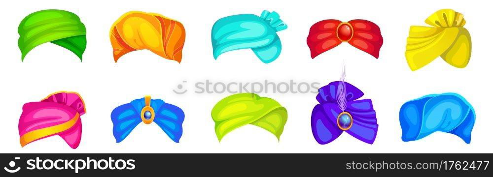 Turbans, indian and arab colorful headdress for man and woman. Vector cartoon set of winding headscarves decorated by gem and feather. Traditional clothes in India, pagdi isolated on white background. Turbans, indian and arab headdress, colorful pagdi