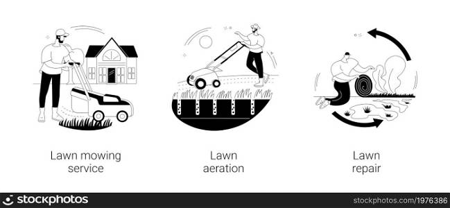 Turf maintenance abstract concept vector illustration set. Lawn mowing service, aeration and repair, gardening, grass fertilization, remove dandelion, thatch and moss, overseeding abstract metaphor.. Turf maintenance abstract concept vector illustrations.
