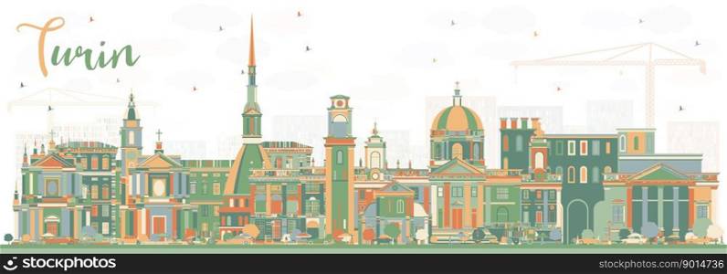 Turin Italy City Skyline with Color Buildings. Vector Illustration. Business Travel and Tourism Concept with Modern Architecture. Turin Cityscape with Landmarks.