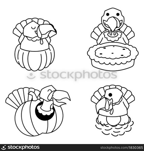 Turkey Autumn Fall Pumpkin Pie Egg Thanksgiving Cartoon Line Art
