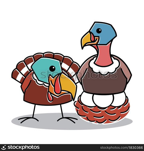 Turkey Bird Couple Farm Sit on Egg Nest Thanksgiving Character Cartoon