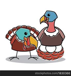 Turkey Bird Couple Farm Sit on Egg Nest Thanksgiving Character Cartoon