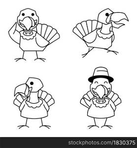 Turkey Bird Rooster Autumn Fall Thanksgiving Character Cartoon Line Art