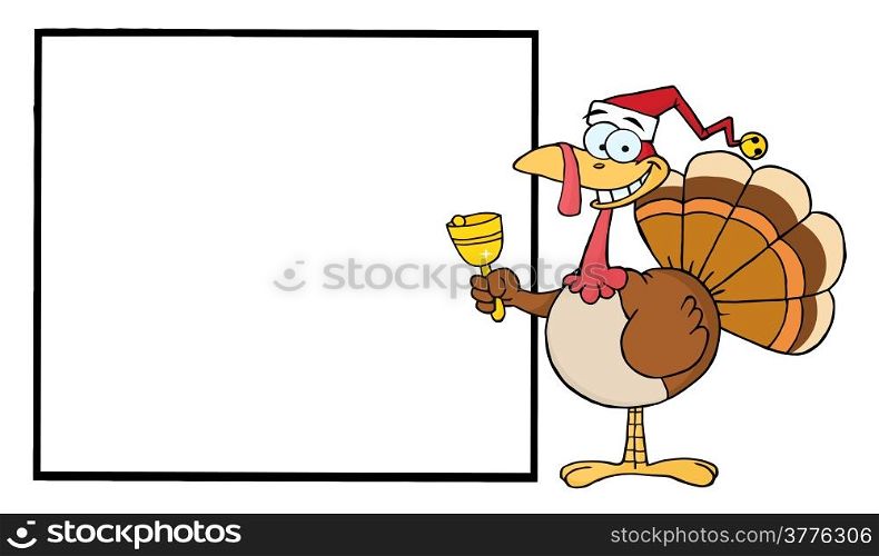 Turkey Cartoon Character Ringing A Bell And Presenting A Blank Sign