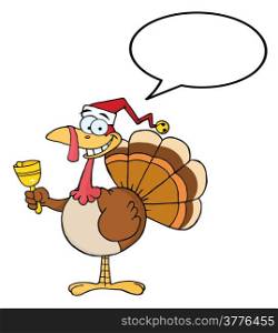 Turkey Cartoon Character Ringing A Bell With Speech Bubble