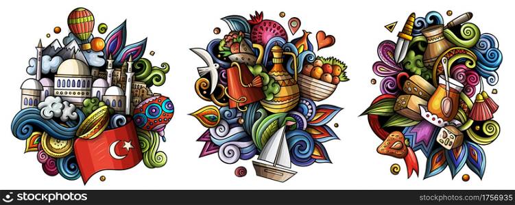 Turkey cartoon vector doodle designs set. Colorful detailed compositions with lot of Turkish objects and symbols. Isolated on white illustrations. Turkey cartoon vector doodle designs set.