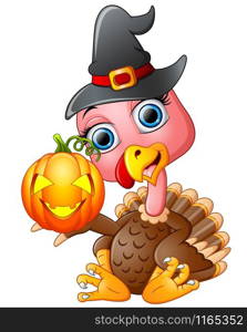 Turkey cartoon with witch hat holding pumpkin