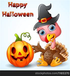 Turkey cartoon with witch hat holding pumpkin