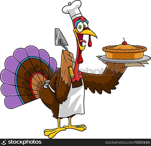 Turkey Chef Cartoon Characters Showing Perfect Pie. Vector Hand Drawn Illustration Isolated On White Background