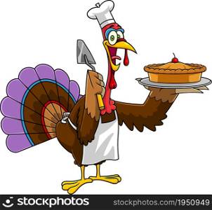Turkey Chef Cartoon Characters Showing Perfect Pie. Vector Hand Drawn Illustration Isolated On White Background