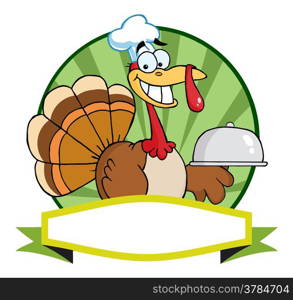 Turkey Chef Serving A Platter Blank Green Banner