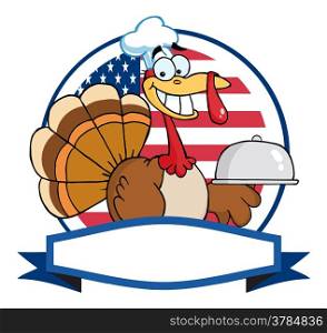 Turkey Chef Serving A Platter Over A Circle And Blank Banner In Front Of Flag Of USA