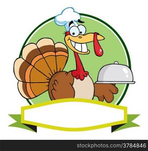 Turkey Chef Serving A Platter Over A Circle And Blank Green Banner