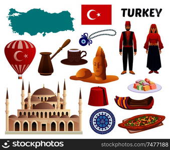 Turkey culture cuisine coffee clothing landmarks tourists attractions places of interest symbols flag map set vector illustration